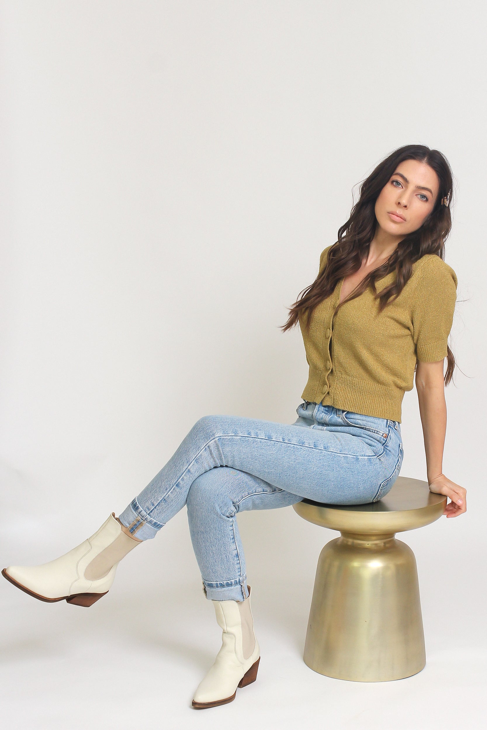 Short sleeve button front cropped cardigan, in Golden Lime. Image 4