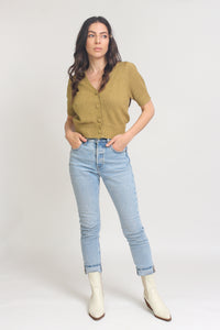 Short sleeve button front cropped cardigan, in Golden Lime. Image 5
