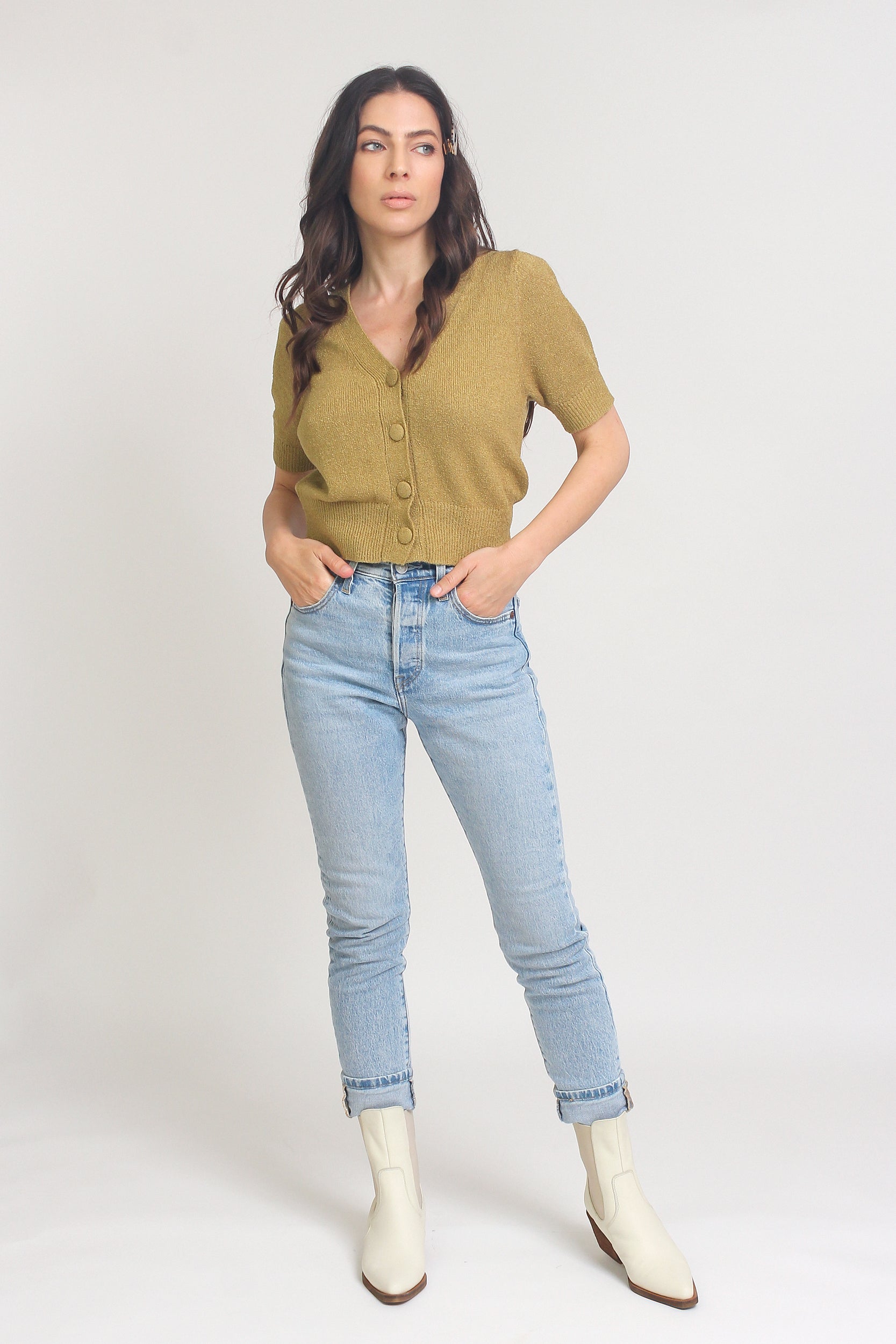 Short sleeve button front cropped cardigan, in Golden Lime. Image 5