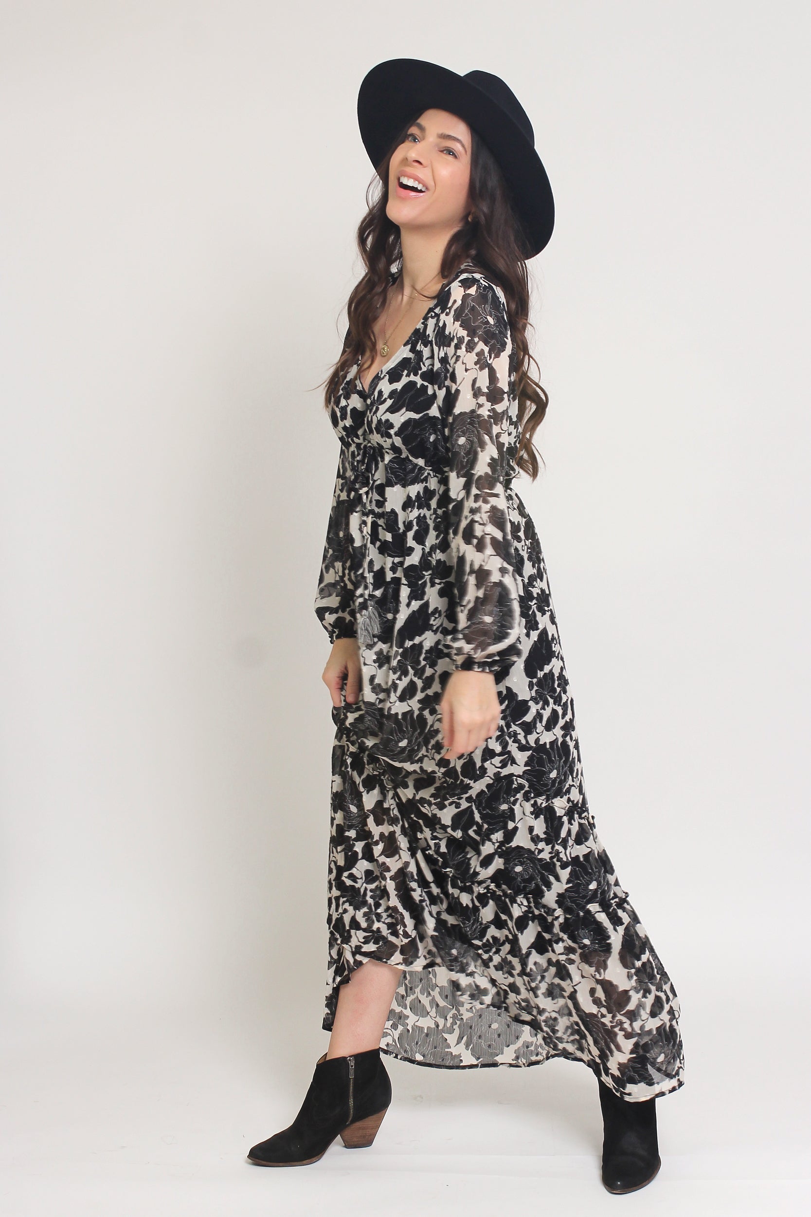 Swiss dot floral maxi dress, in cream/black. Image 10