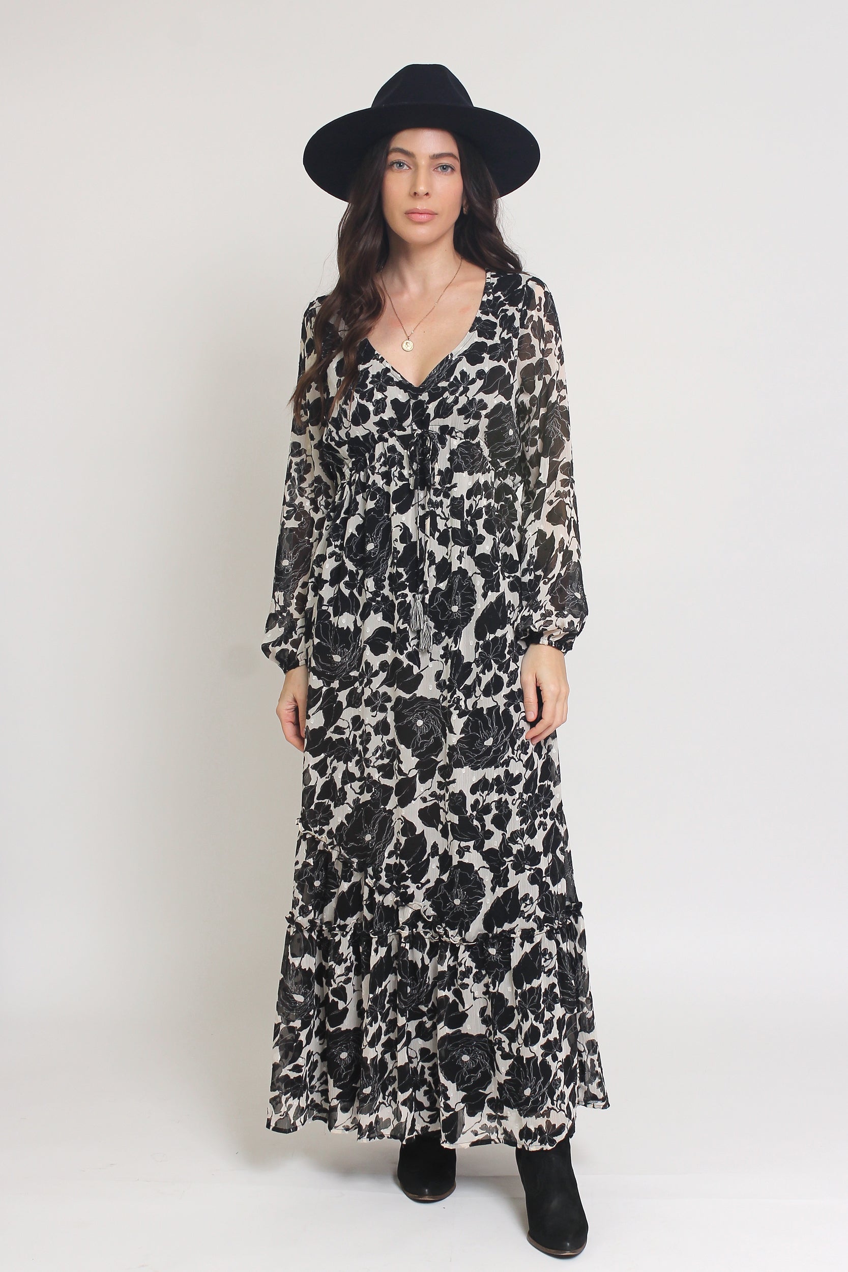 Swiss dot floral maxi dress, in cream/black. Image 11