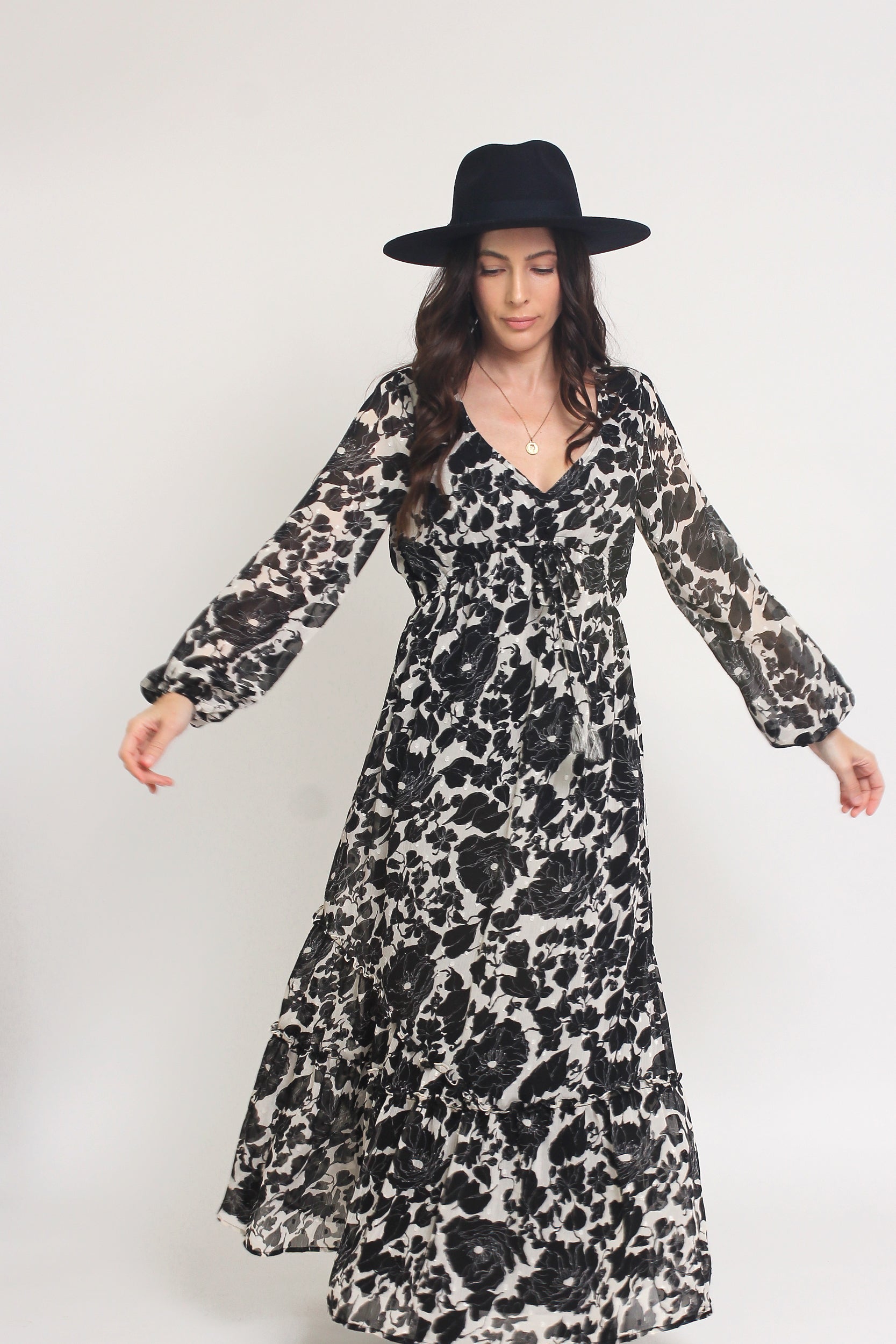 Swiss dot floral maxi dress, in cream/black. Image 15