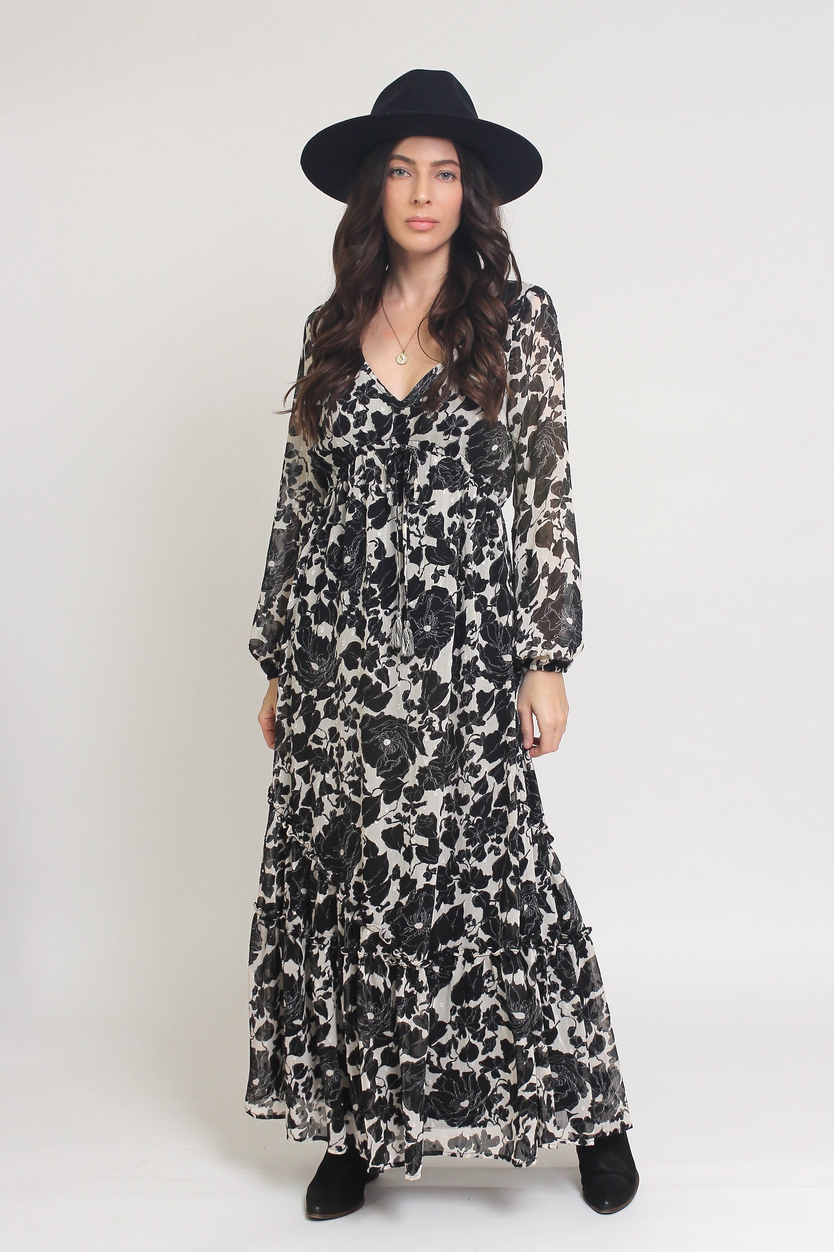 Swiss dot floral maxi dress, in cream/black. Image 3