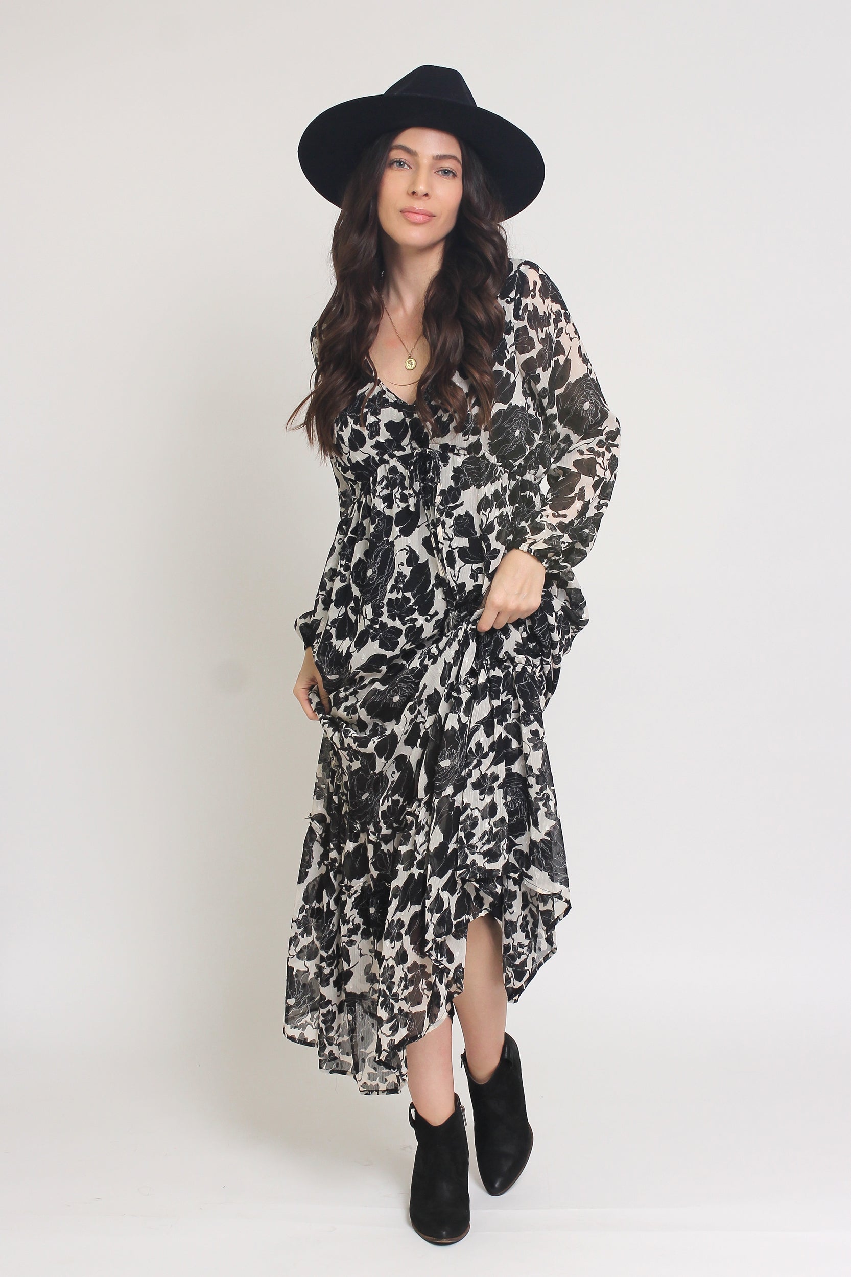 Swiss dot floral maxi dress, in cream/black. Image 6