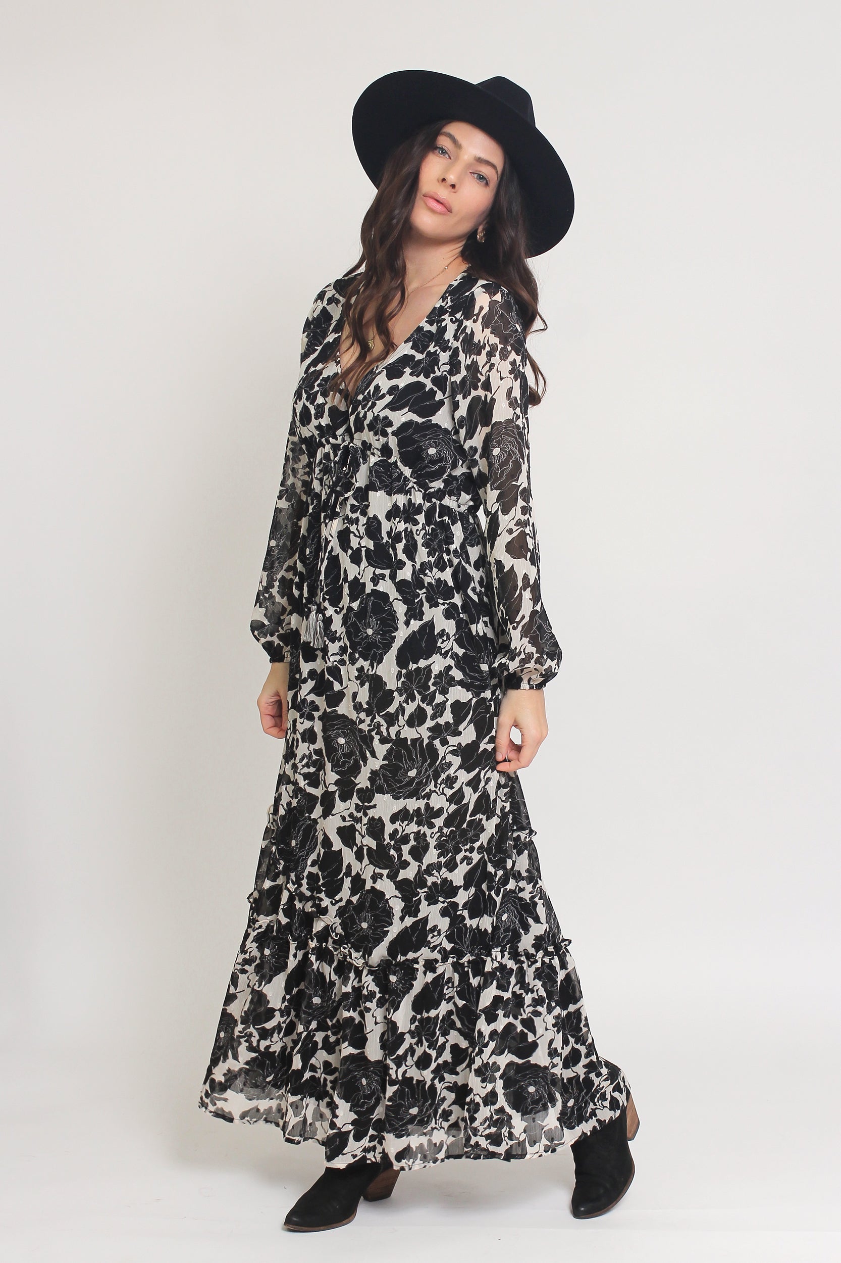 Swiss dot floral maxi dress, in cream/black. Image 9