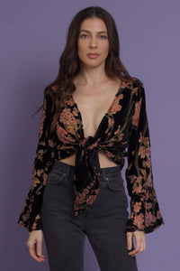 Floral velvet tie front blouse, in black. Image 10