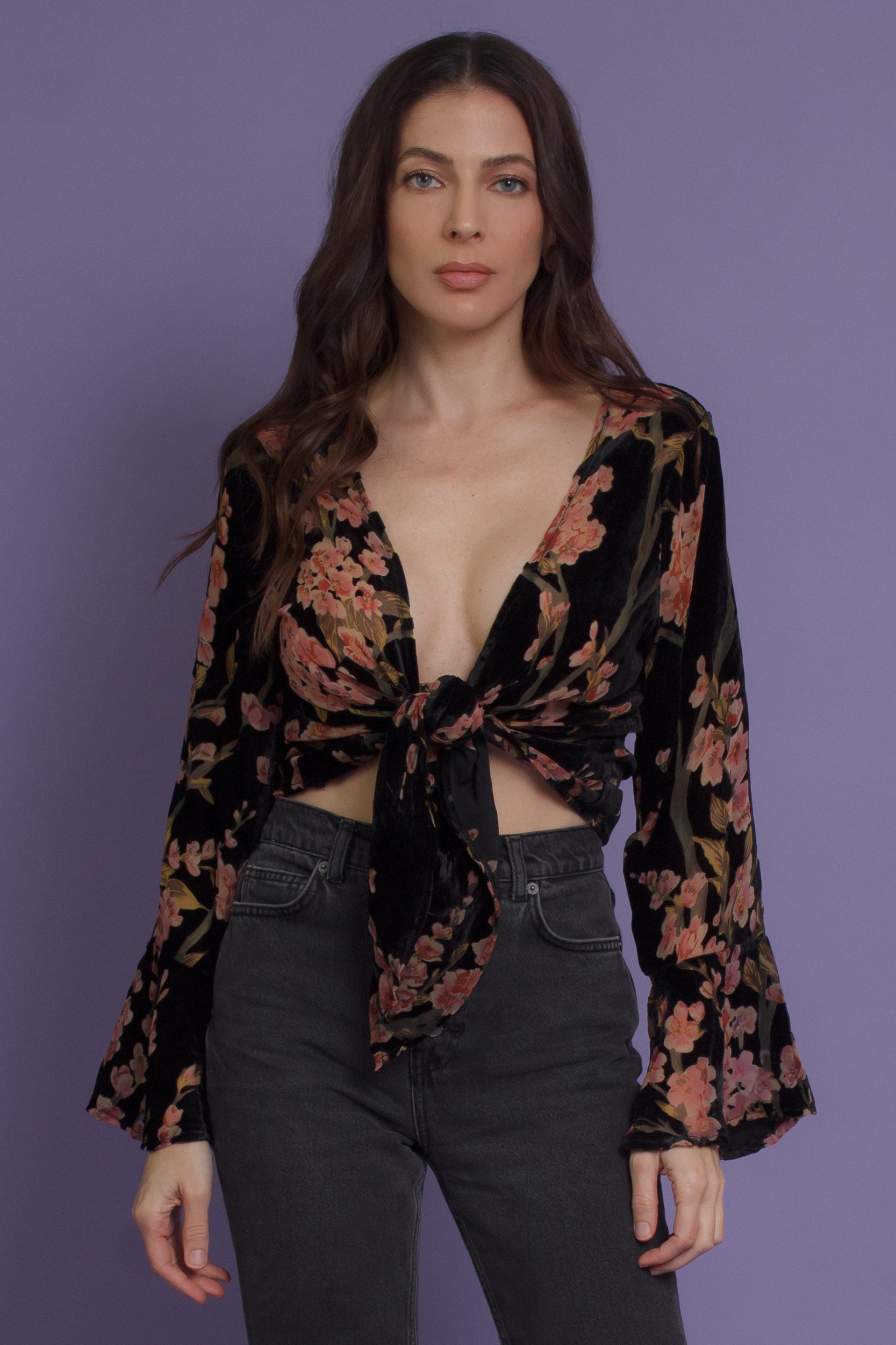 Floral velvet tie front blouse, in black. Image 10