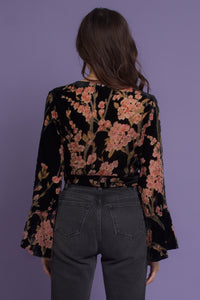 Floral velvet tie front blouse, in black. Image 11