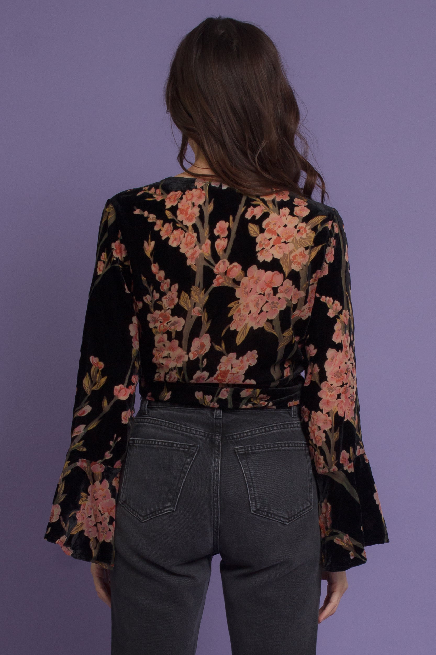 Floral velvet tie front blouse, in black. Image 11