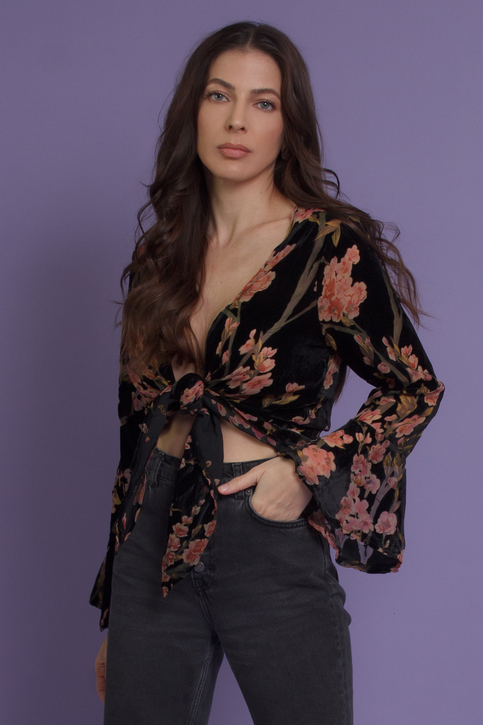 Floral velvet tie front blouse, in black. Image 13