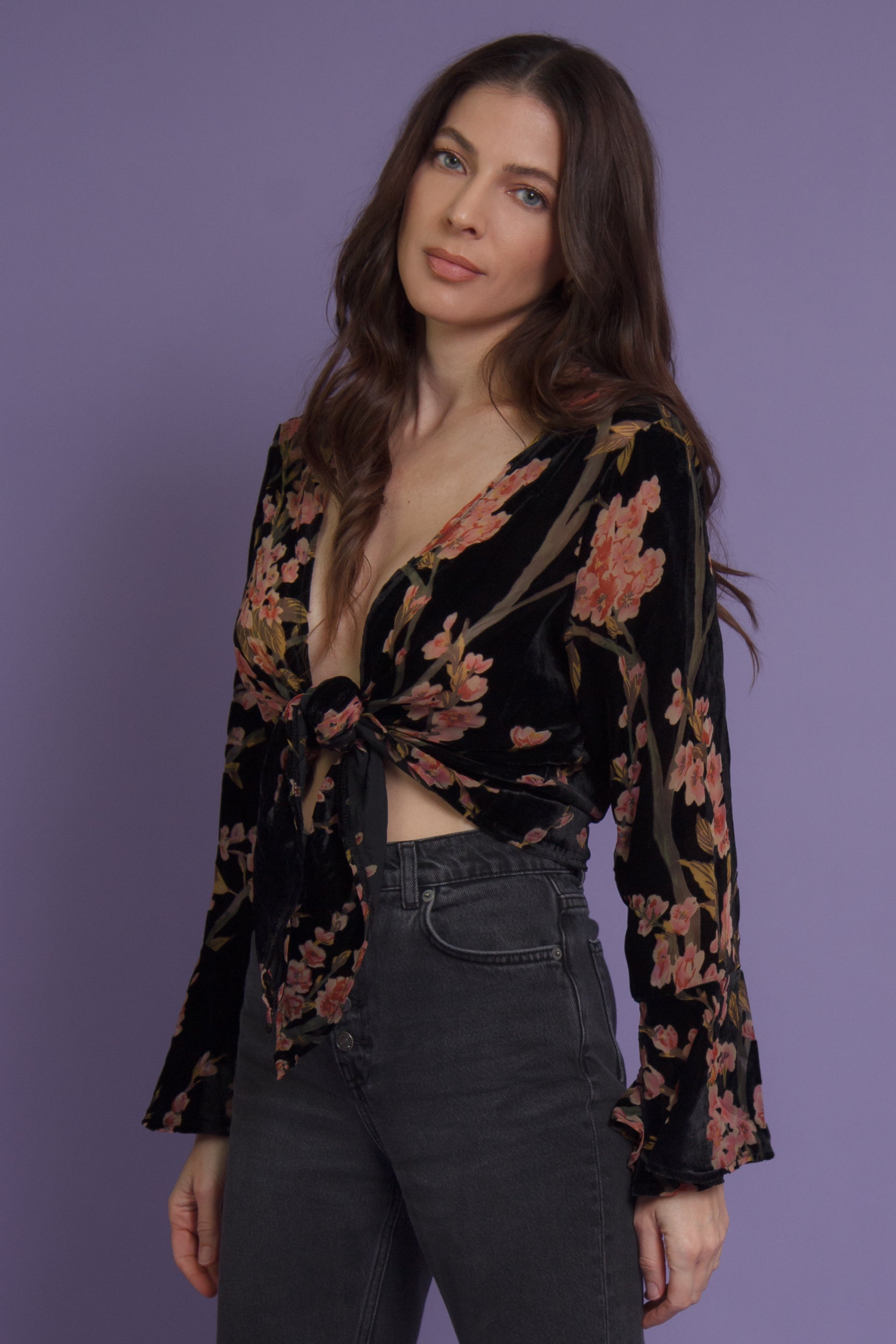 Floral velvet tie front blouse, in black. Image 4