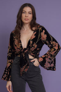 Floral velvet tie front blouse, in black. Image 5