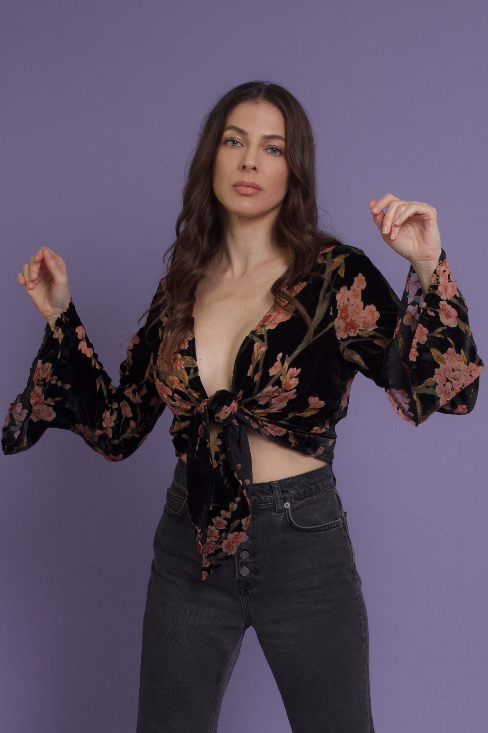 Floral velvet tie front blouse, in black. Image 7