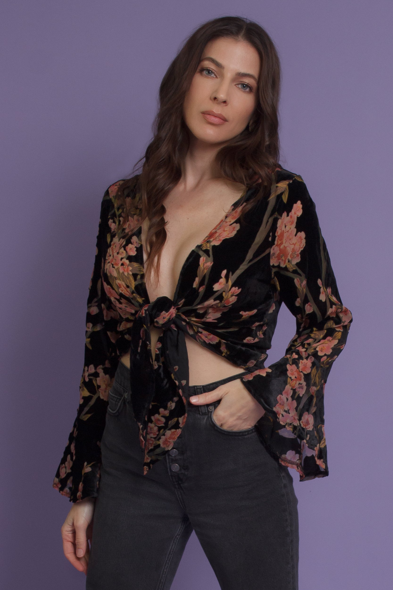 Floral velvet tie front blouse, in black. Image 8