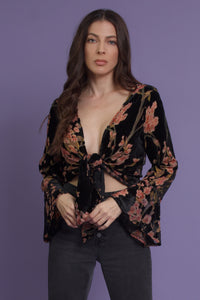 Floral velvet tie front blouse, in black. Image 12