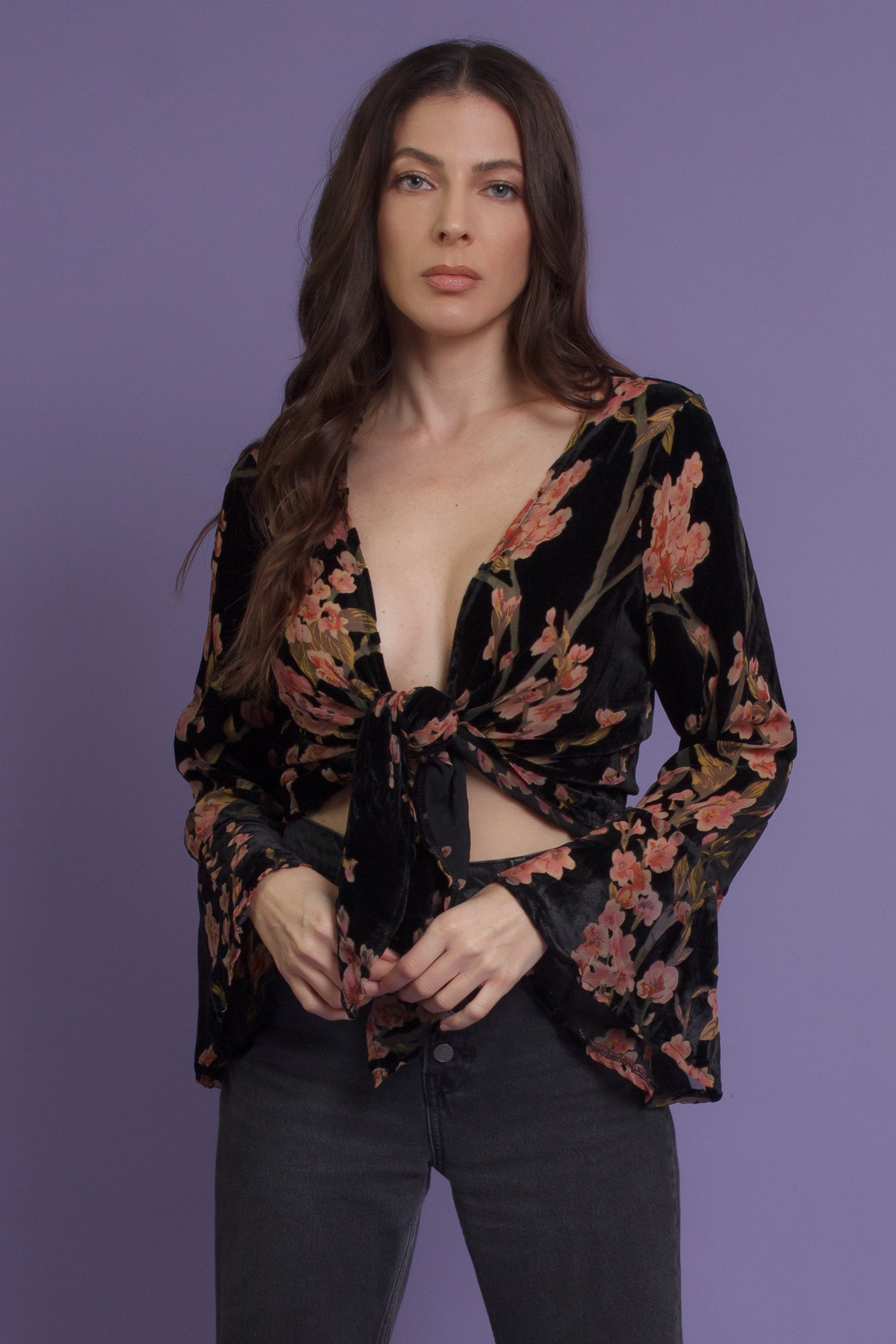 Floral velvet tie front blouse, in black. Image 12
