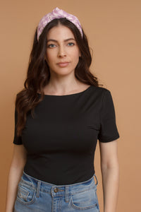 Woven straw headband with knot top, in lilac. Image 4