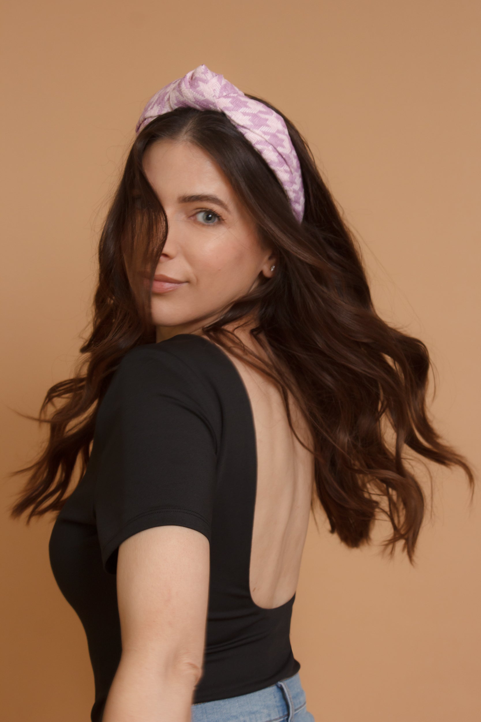 Woven straw headband with knot top, in lilac. Image 8
