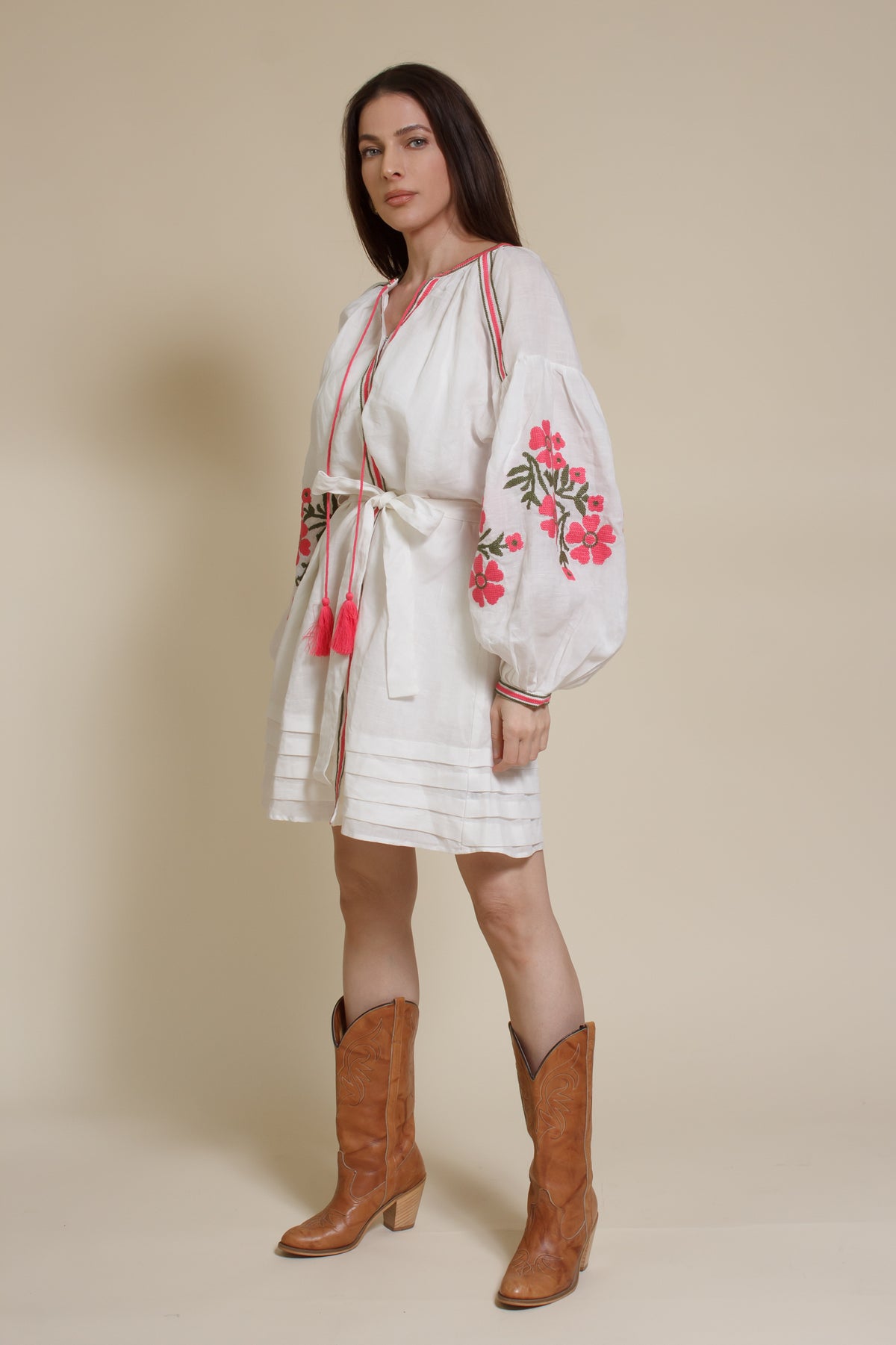 Ark & Co floral embroidered linen mini dress, in white.