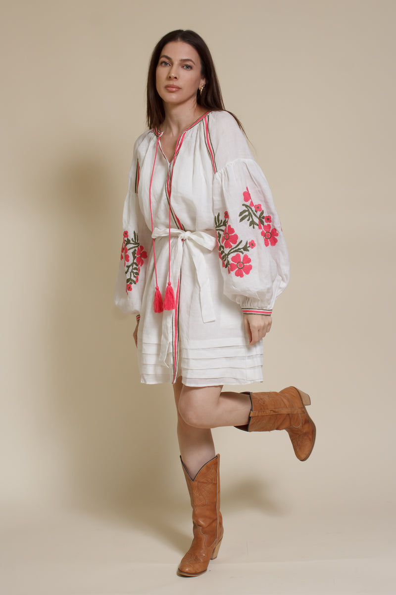 Ark & Co floral embroidered linen mini dress, in white.