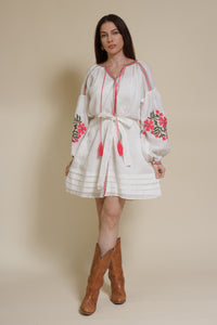 Ark & Co floral embroidered linen mini dress, in white.