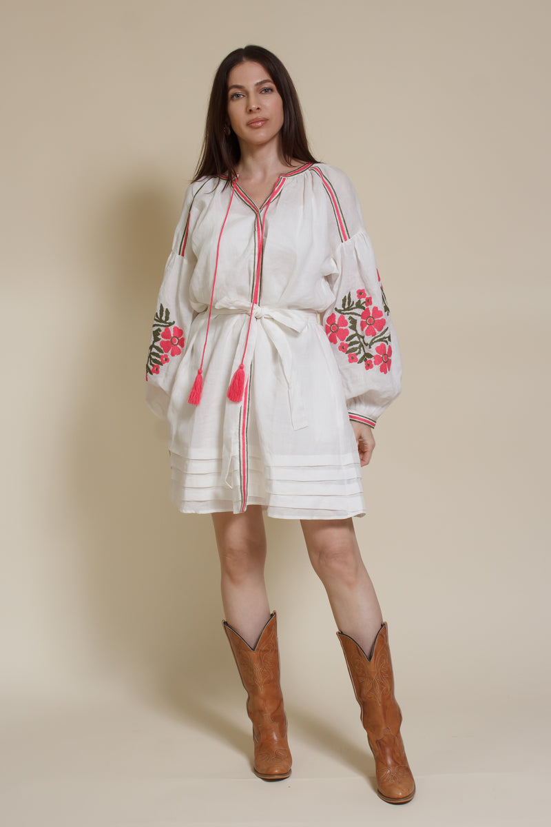 Ark & Co floral embroidered linen mini dress, in white.