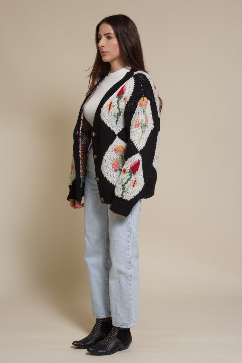 Bailey Rose diamond floral button front cardigan, in black.