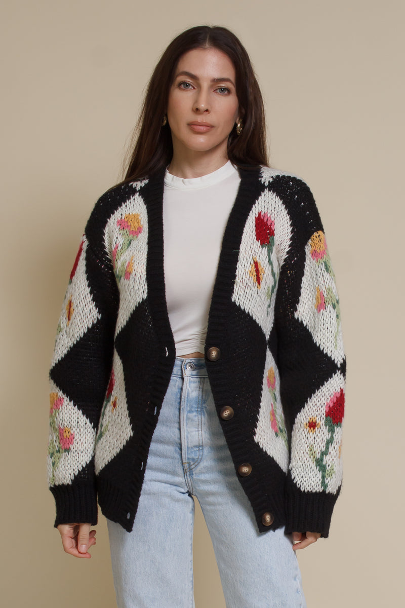 Bailey Rose diamond floral button front cardigan, in black.