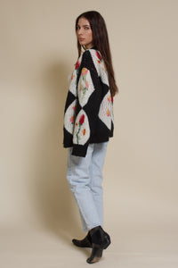 Bailey Rose diamond floral button front cardigan, in black.