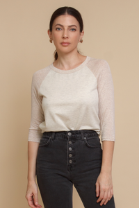 Women's 3/4 sleeve baseball tee in neutral beige.