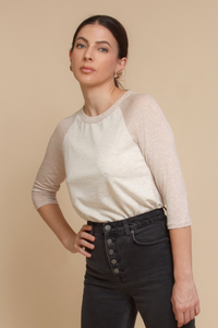 Women's 3/4 sleeve baseball tee in neutral beige.