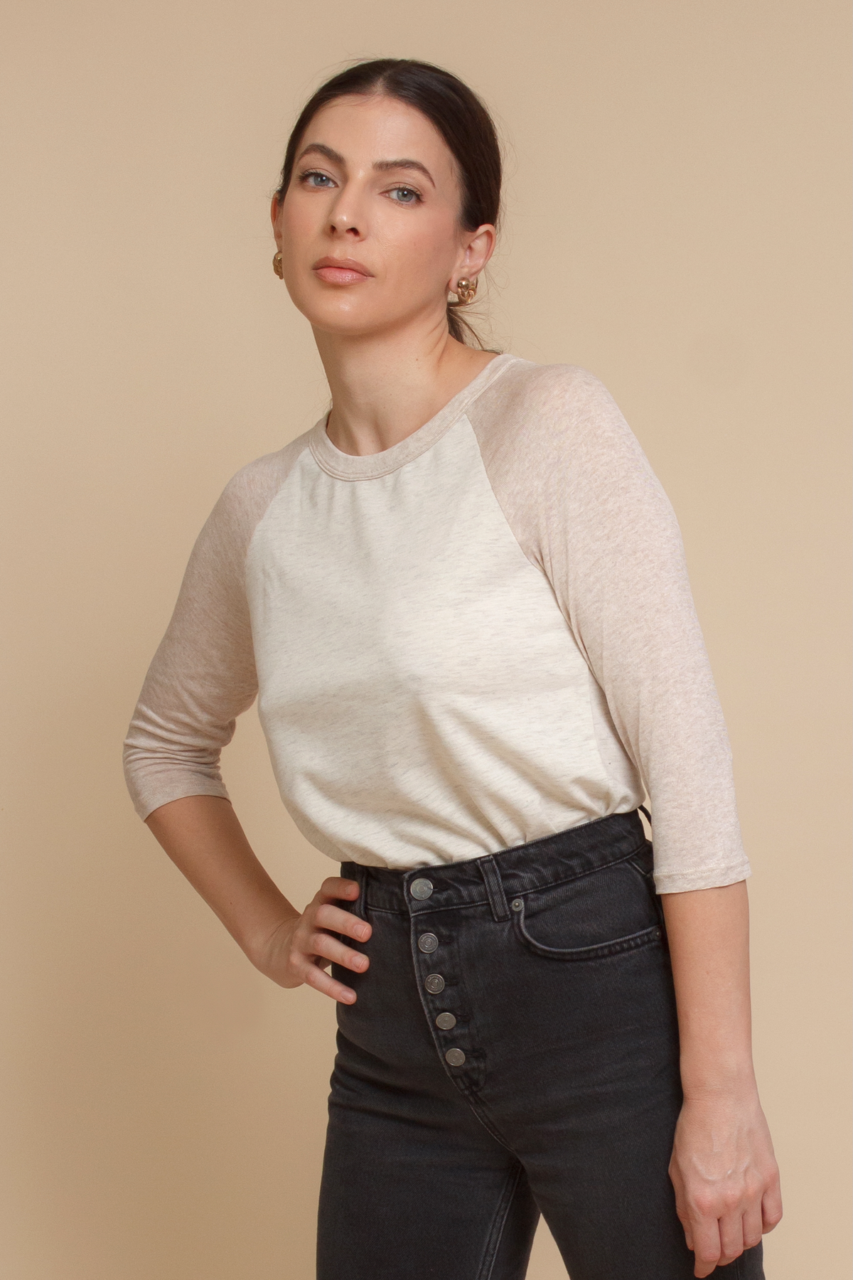 Women's 3/4 sleeve baseball tee in neutral beige.