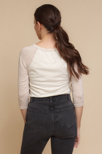 Women's 3/4 sleeve baseball tee in neutral beige.