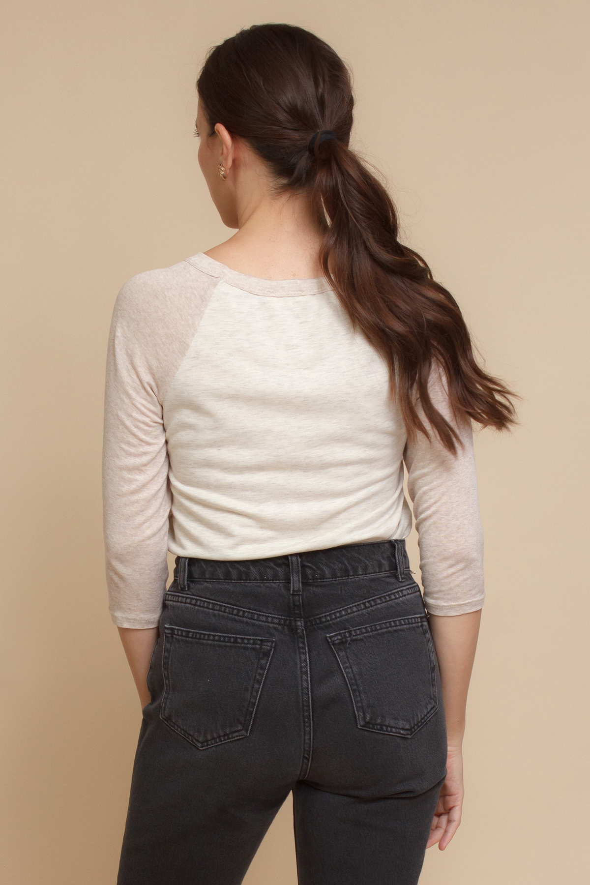Women's 3/4 sleeve baseball tee in neutral beige.