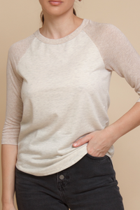 Women's 3/4 sleeve baseball tee in neutral beige.