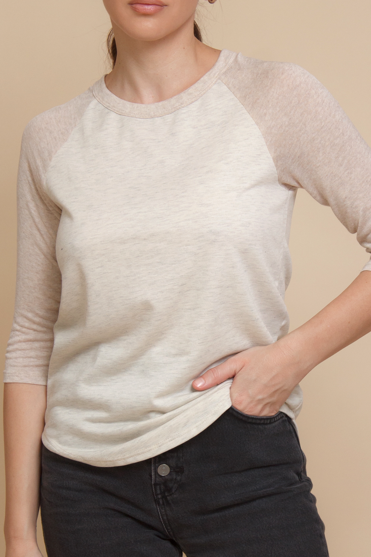 Women's 3/4 sleeve baseball tee in neutral beige.
