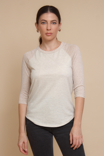 Women's 3/4 sleeve baseball tee in neutral beige.