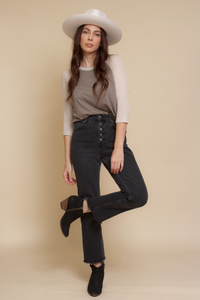 Women's 3/4 sleeve baseball tee in neutral brown.
