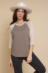 Women's 3/4 sleeve baseball tee in neutral brown.