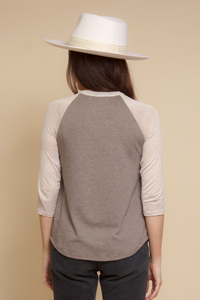 Women's 3/4 sleeve baseball tee in neutral brown.