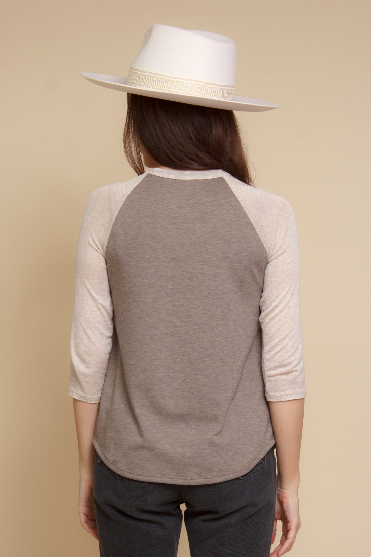 Women's 3/4 sleeve baseball tee in neutral brown.
