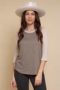 Women's 3/4 sleeve baseball tee in neutral brown.