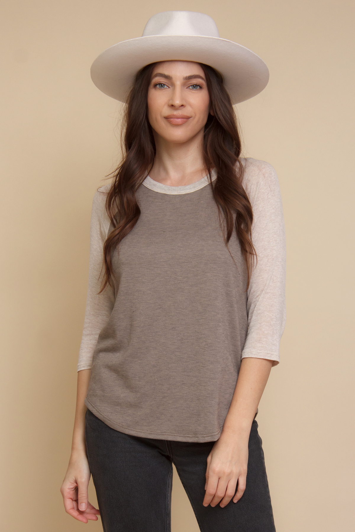 Women's 3/4 sleeve baseball tee in neutral brown.