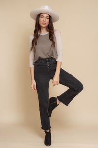 Women's 3/4 sleeve baseball tee in neutral brown.