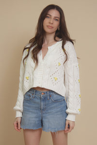 Blue Blush floral embroidered cardigan, in off white.