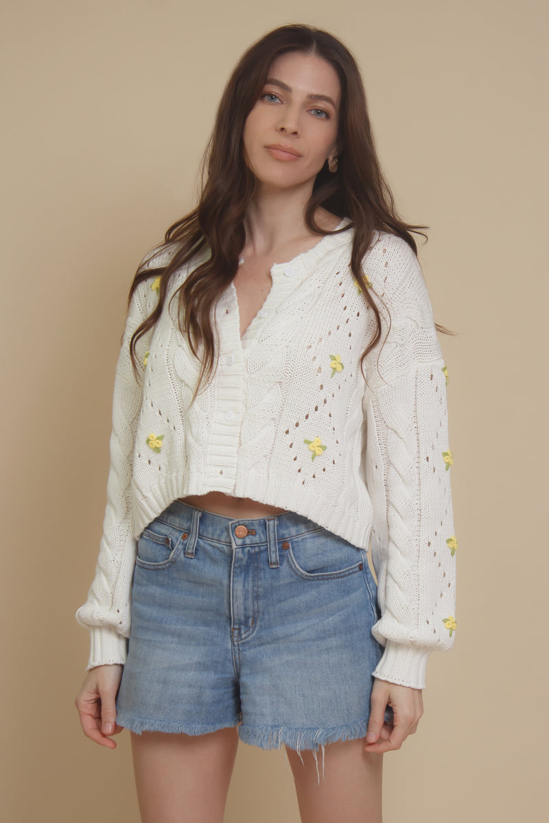 Blue Blush floral embroidered cardigan, in off white.