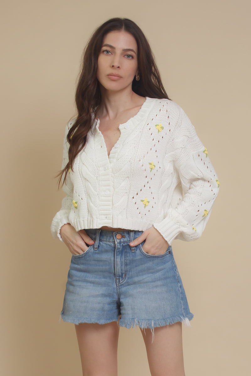Blue Blush floral embroidered cardigan, in off white.