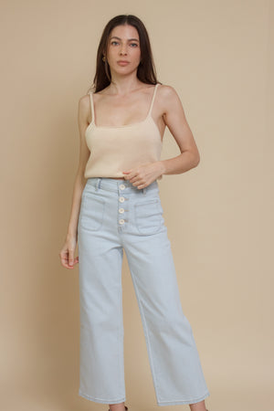 Button front retro high waist cropped jeans, in light denim.