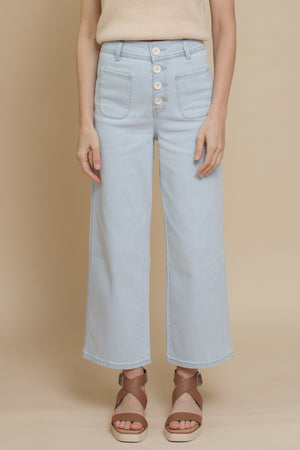 Button front retro high waist cropped jeans, in light denim.