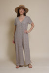 Calista short sleeve floral button up jumpsuit, in warm grey.